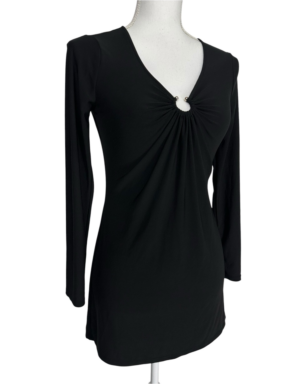 White House Black Market / Black Stretchy Bodycon Dress Gold Ring / Size XXS